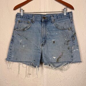 Carhartt Cut Off Paint Splatter Distressed Denim Jeans Shorts Sz 34
